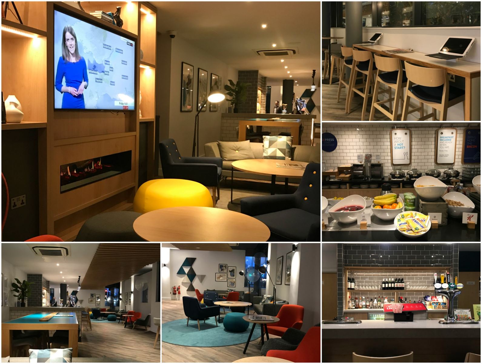 Image collage - left to right across TV in bedroom, workspace with laptops, reception area and bar